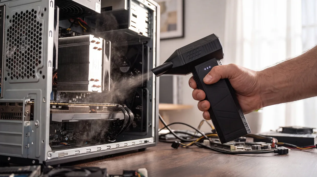 AirBlitz on a low speed setting dusting inside an open PC case