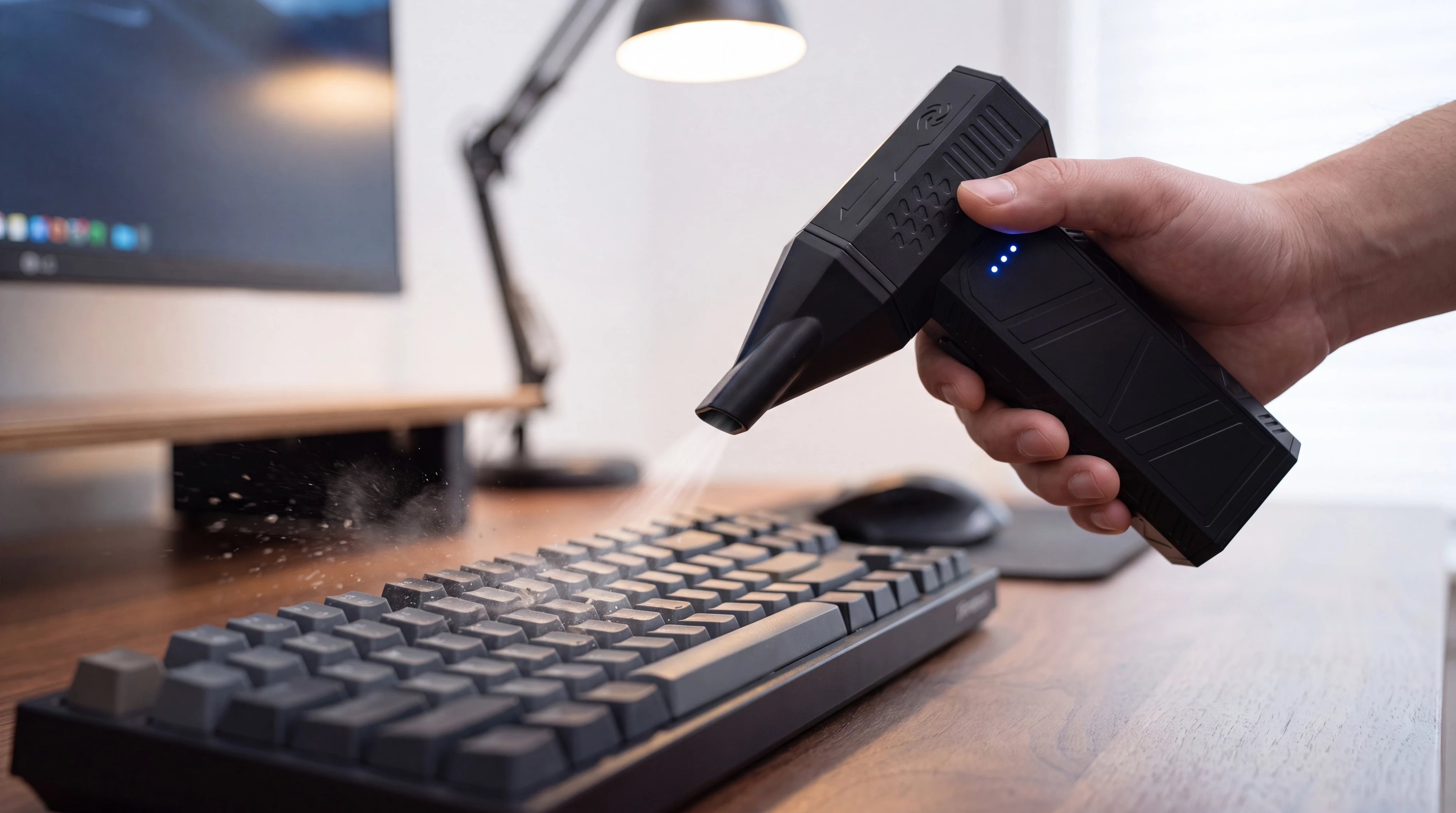 The AirBlitz built-in LED torch lighting up a dark gap behind a desk setup