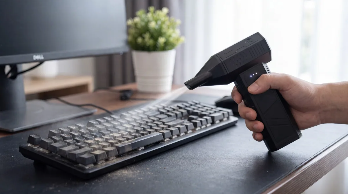 Cleaning a dusty mechanical keyboard with the AirBlitz