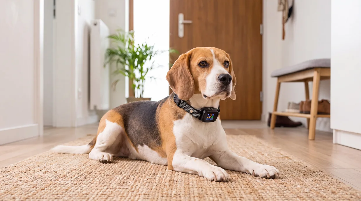 Bruno lying calmly by the front door, collar on and already forgotten