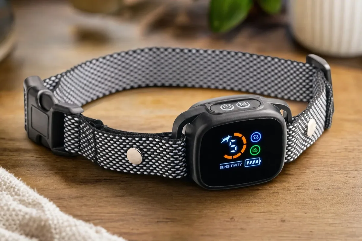 the BarkBliss collar up close — sturdy strap, simple controls