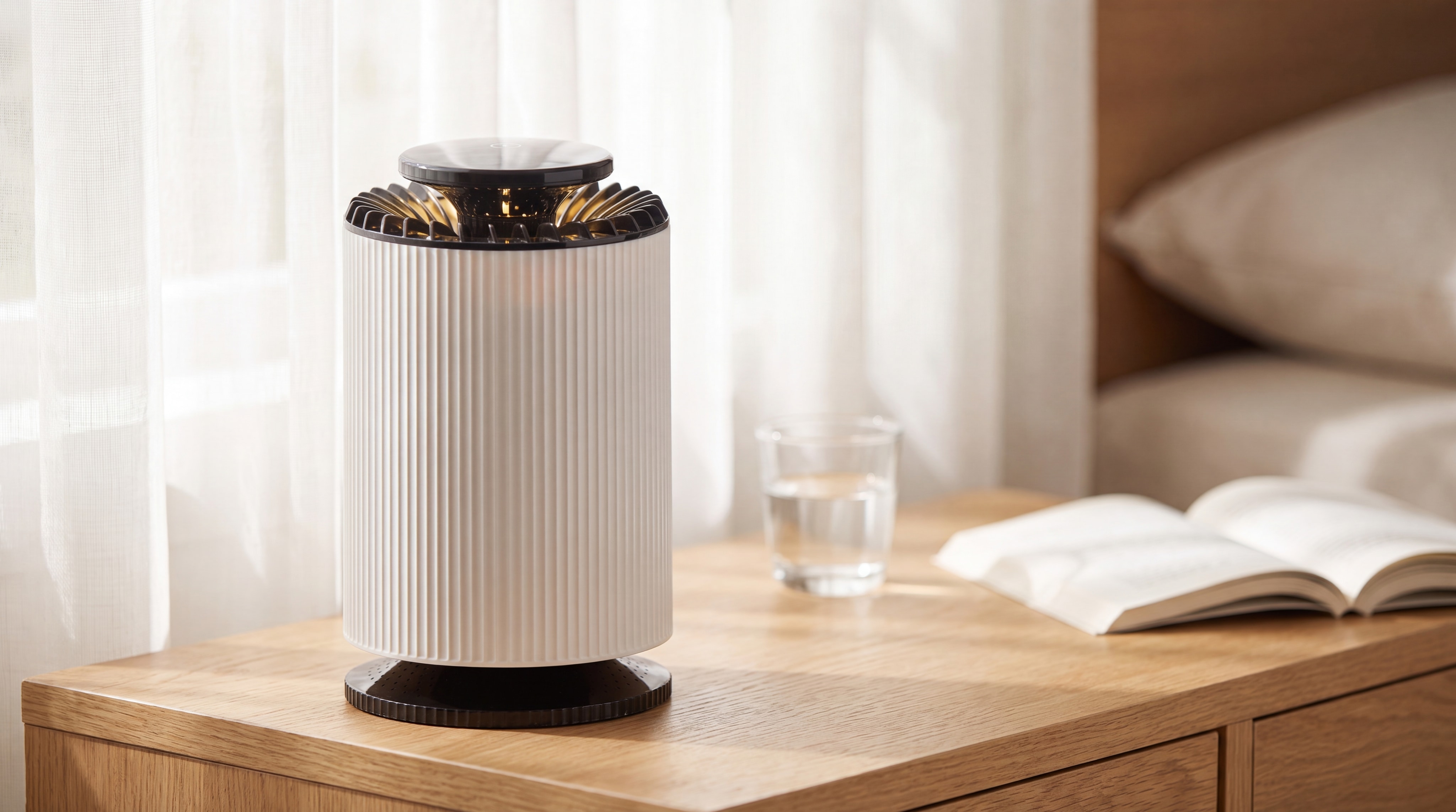 The CloudPure compact air purifier running on a bedside table in a bright, airy bedroom