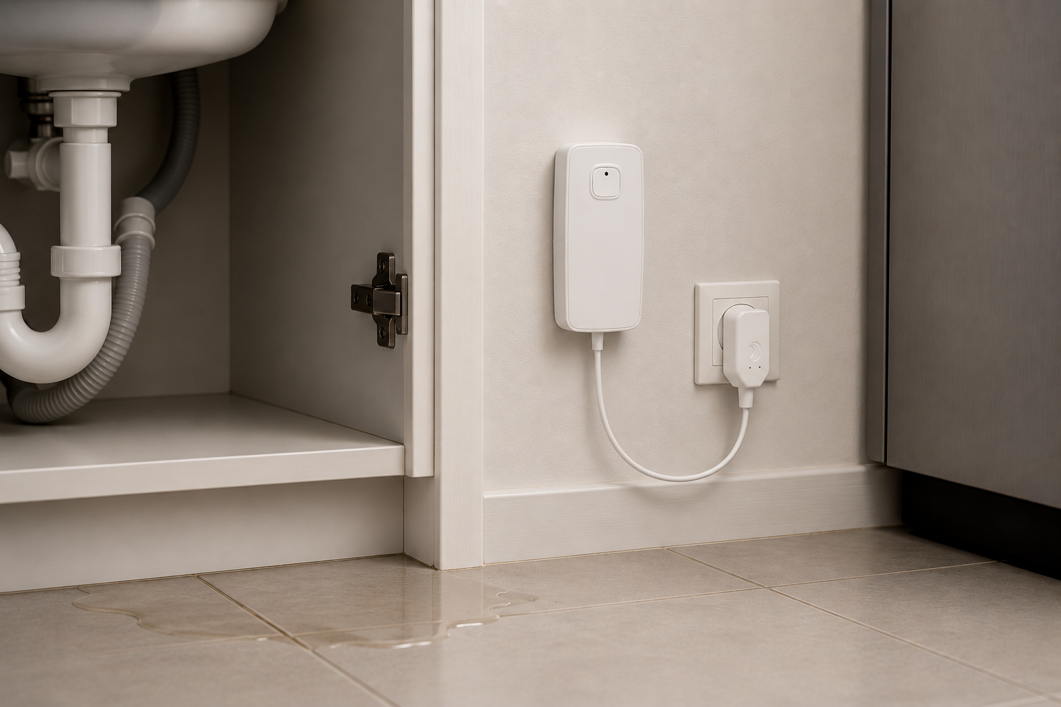 DrySentinel Pro on a kitchen floor beside a dishwasher as a leak alert arrives on a smartphone