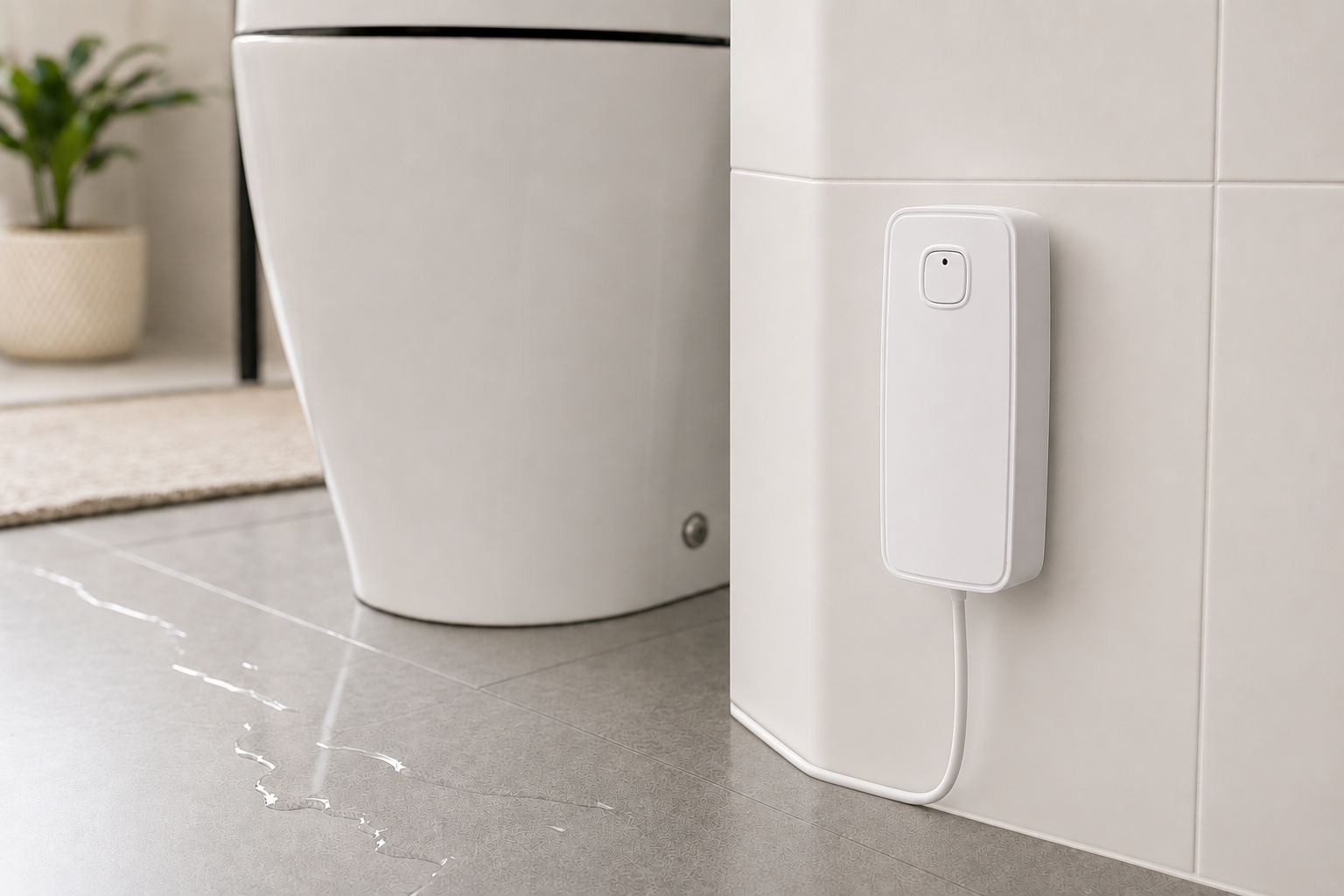 DrySentinel Pro probe sitting in a thin sheet of water on a tiled bathroom floor, indicator glowing