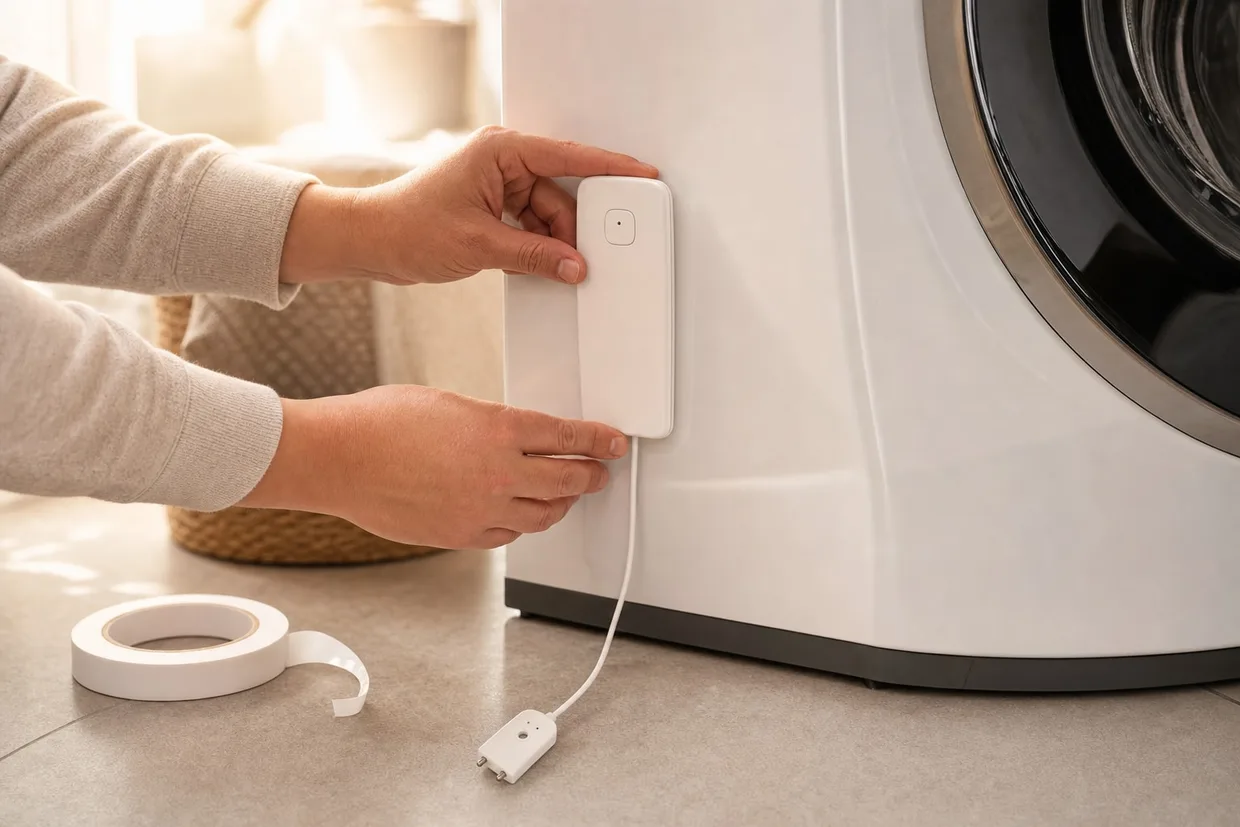 Hands pressing the DrySentinel Pro probe into place beside a washing machine