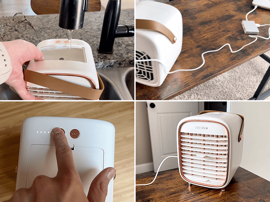 Filling the Freezvix with water, charging it, pressing the button and placing it on the floor