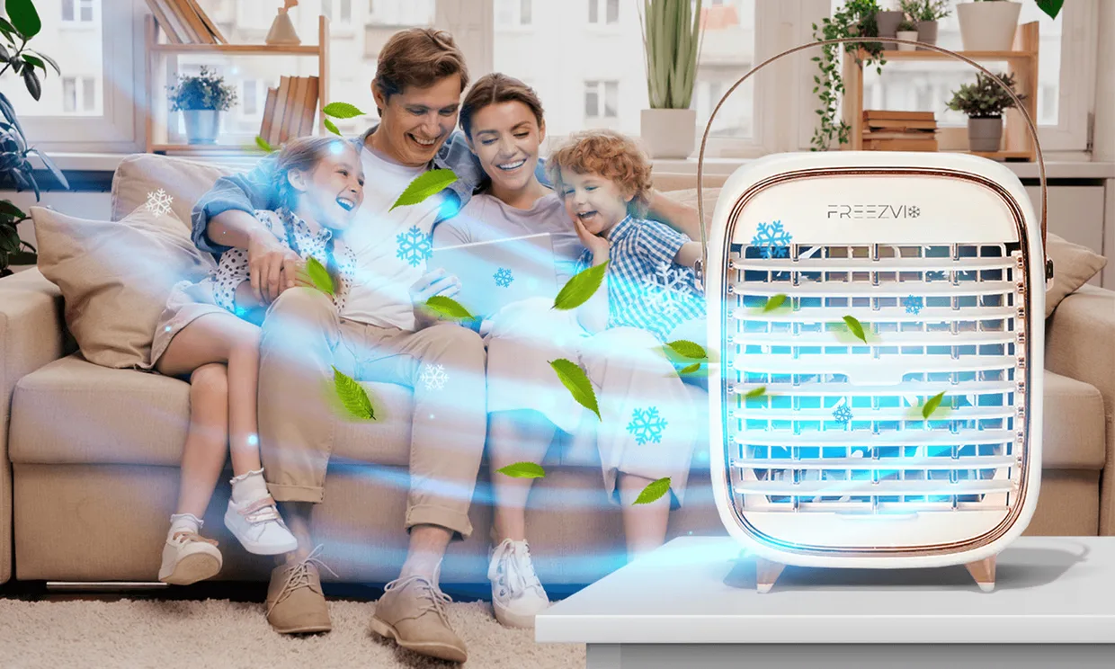 Family relaxing on a sofa in the cool air from a Freezvix