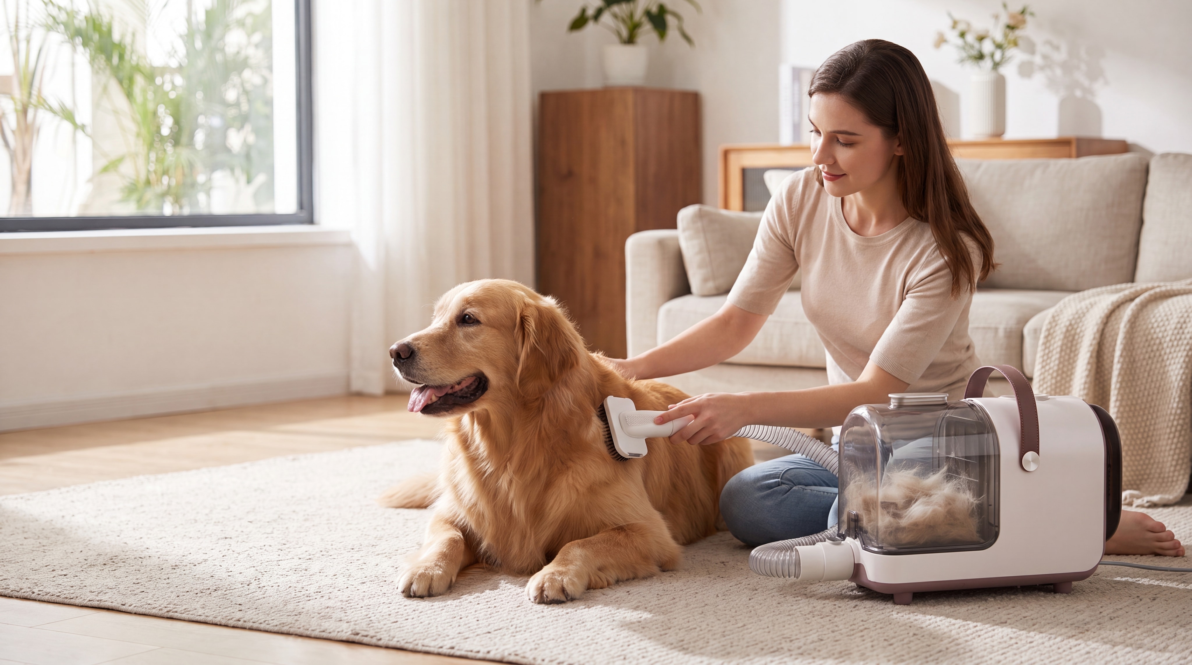 Grooming a relaxed golden retriever with the FurVac 360 while loose fur collects in the canister