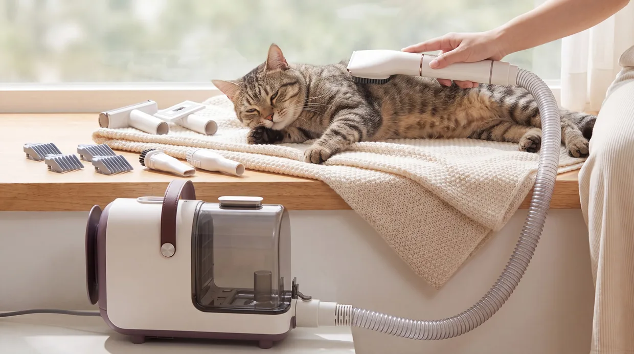 A calm cat being groomed with the FurVac 360 on a windowsill