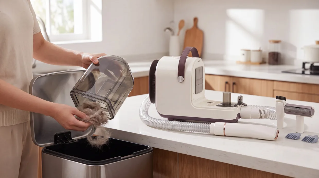 Emptying the FurVac 360's canister of collected fur straight into the bin