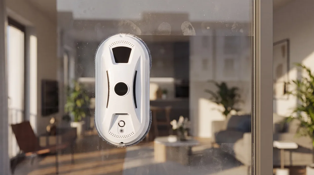 GlassBot Pro mid-clean on a balcony door, a visibly clearer track of glass behind it