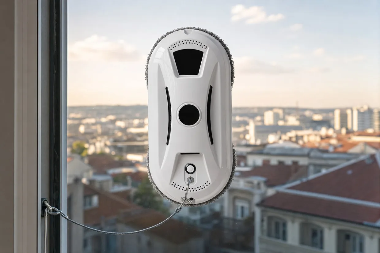 GlassBot Pro attached to a large upper-floor window seen from inside, its safety rope clipped and taut