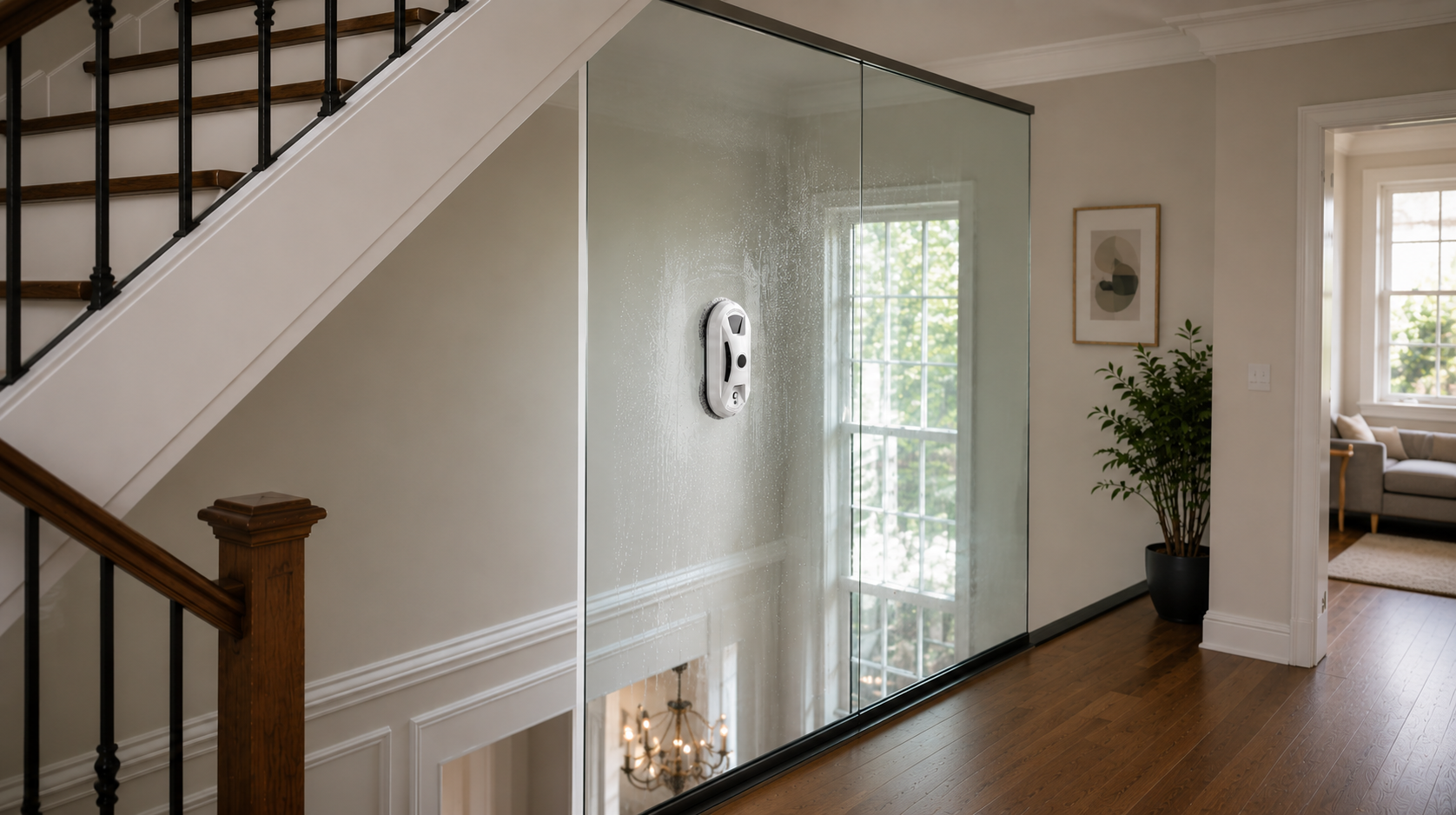 A homeowner relaxing on the sofa with the remote while GlassBot Pro cleans the living-room window