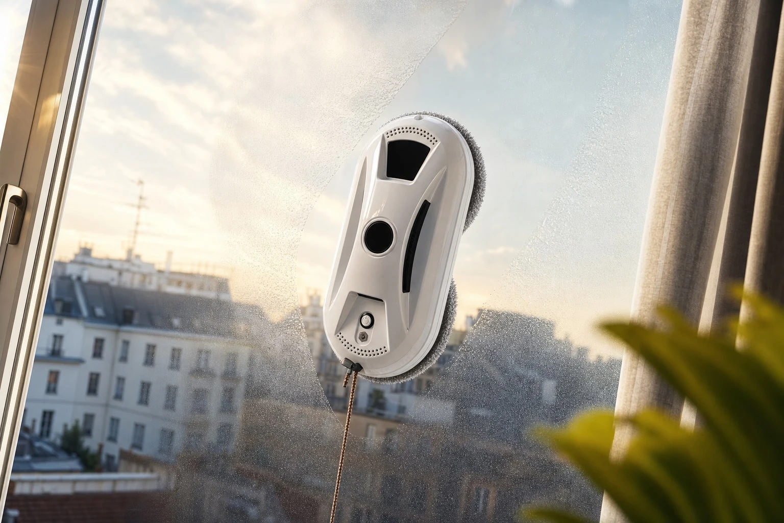 The GlassBot Pro window-cleaning robot with its grey microfibre cleaning pad