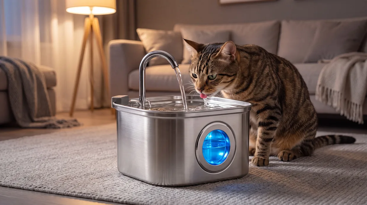 HydroPurr running silently in a quiet living room in the evening while a cat drinks