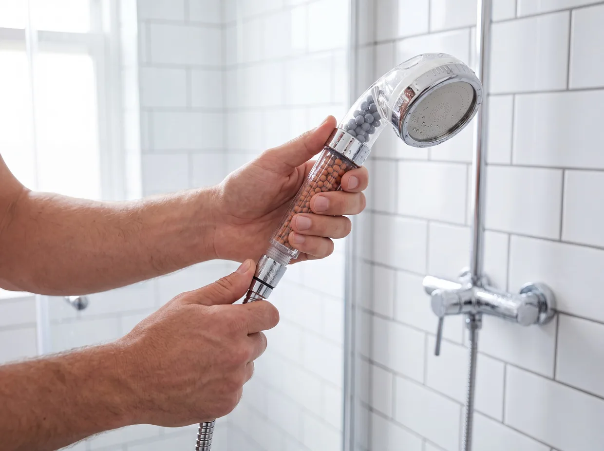Screwing the JetPure head onto a standard shower hose in minutes
