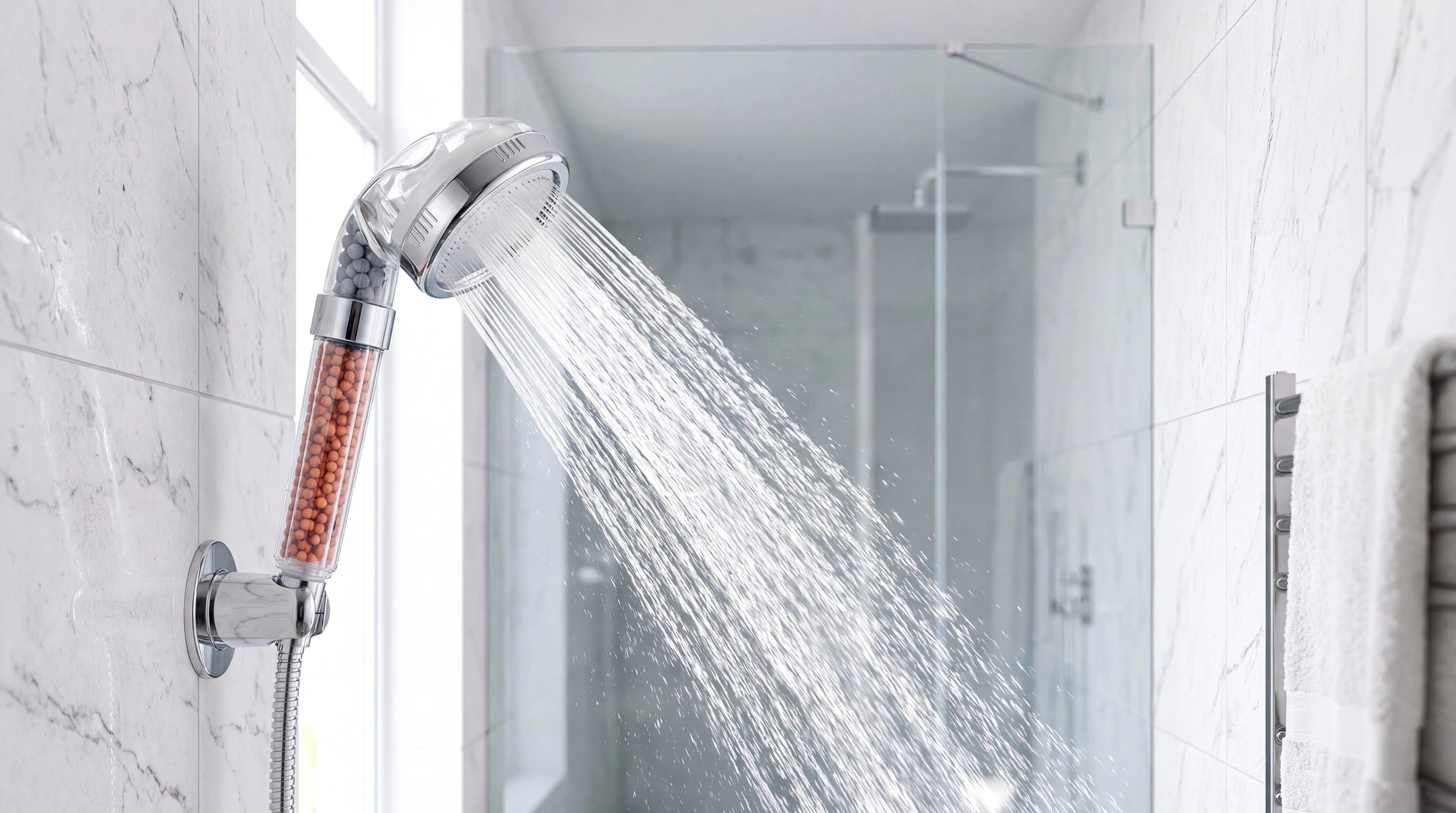 JetPure filtered high-pressure shower head with transparent mineral-bead handle