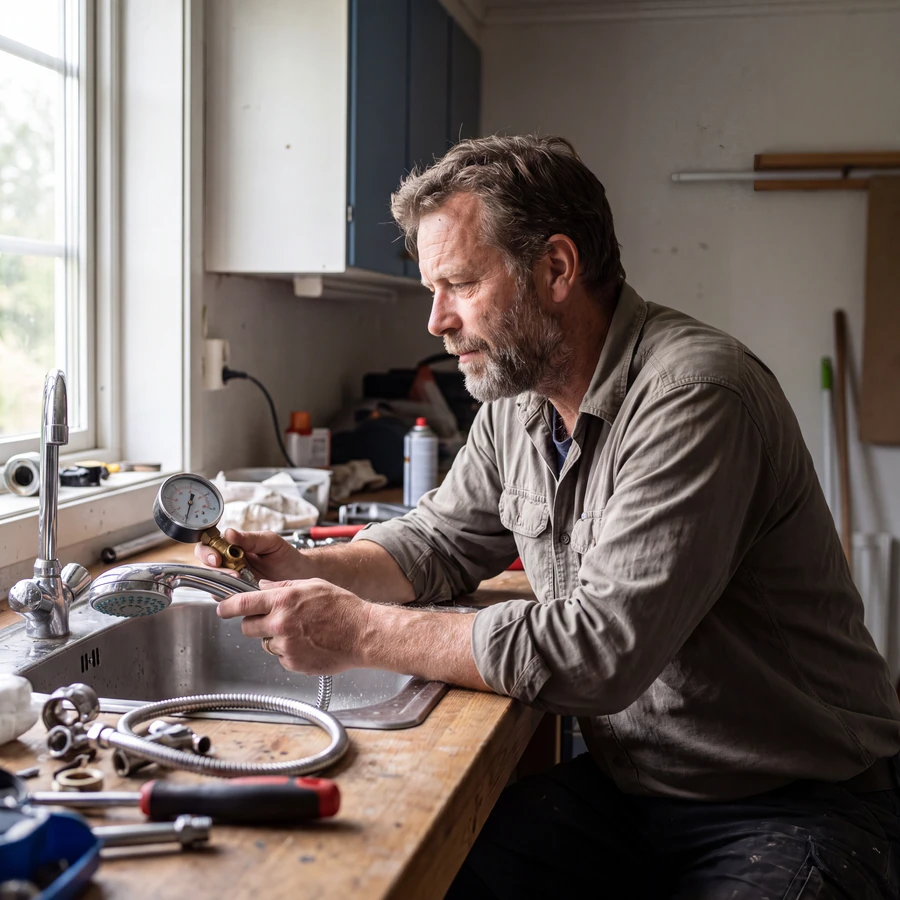 Markus testing shower fixtures with a pressure gauge in his workshop