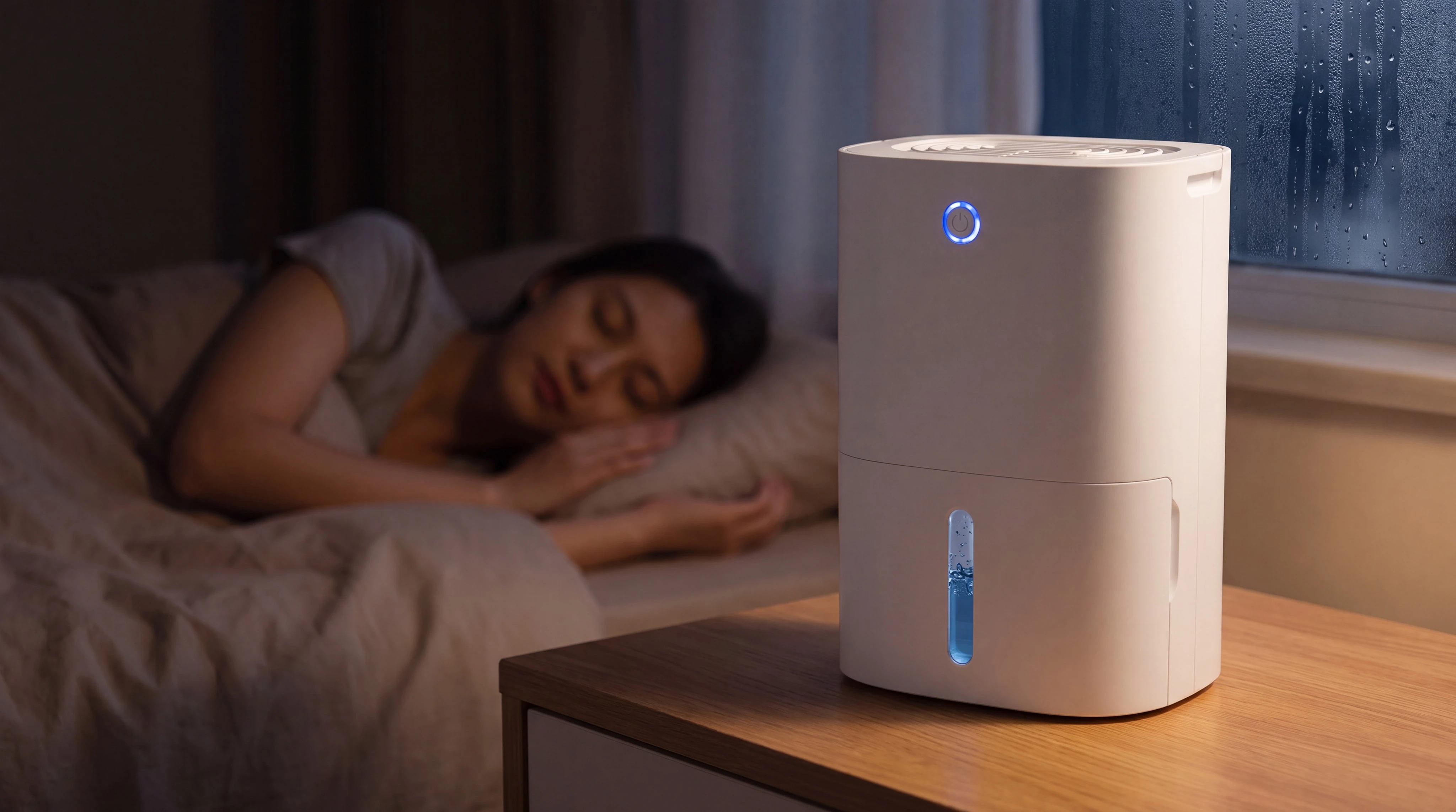Moistrol working quietly on a bedside table at night while the room sleeps