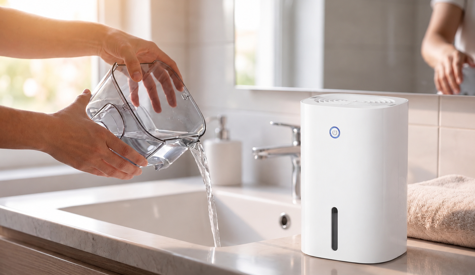 Emptying Moistrol's removable water tank over a sink — a morning's worth of moisture pulled from the air