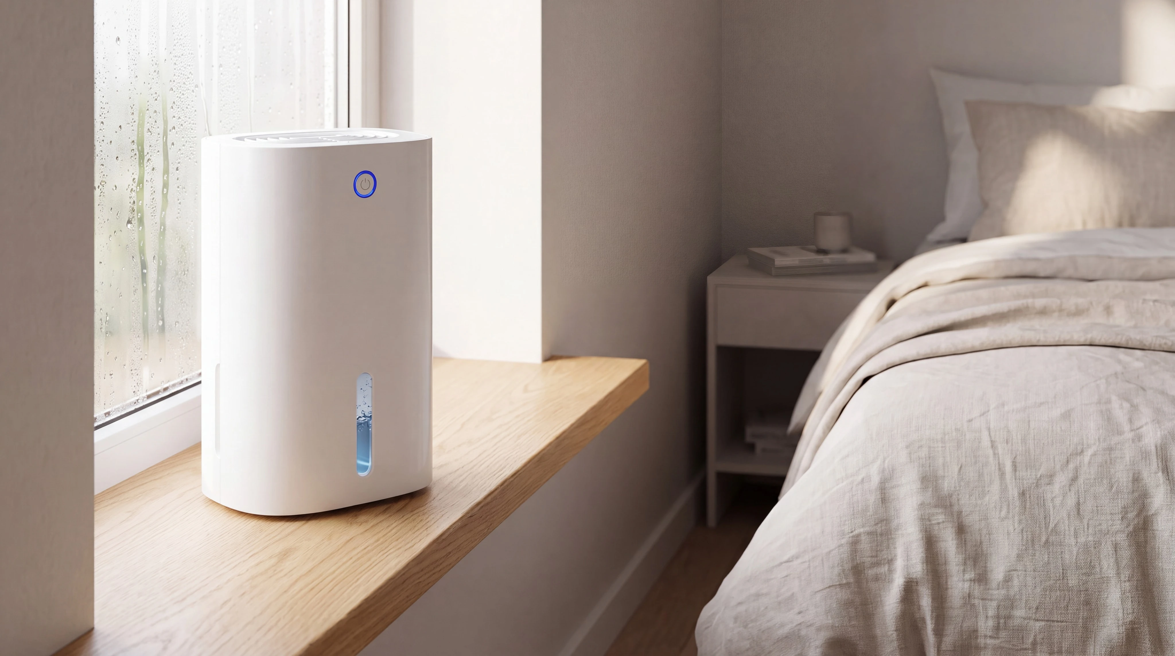 The Moistrol compact dehumidifier with its glowing one-touch control and water-level window