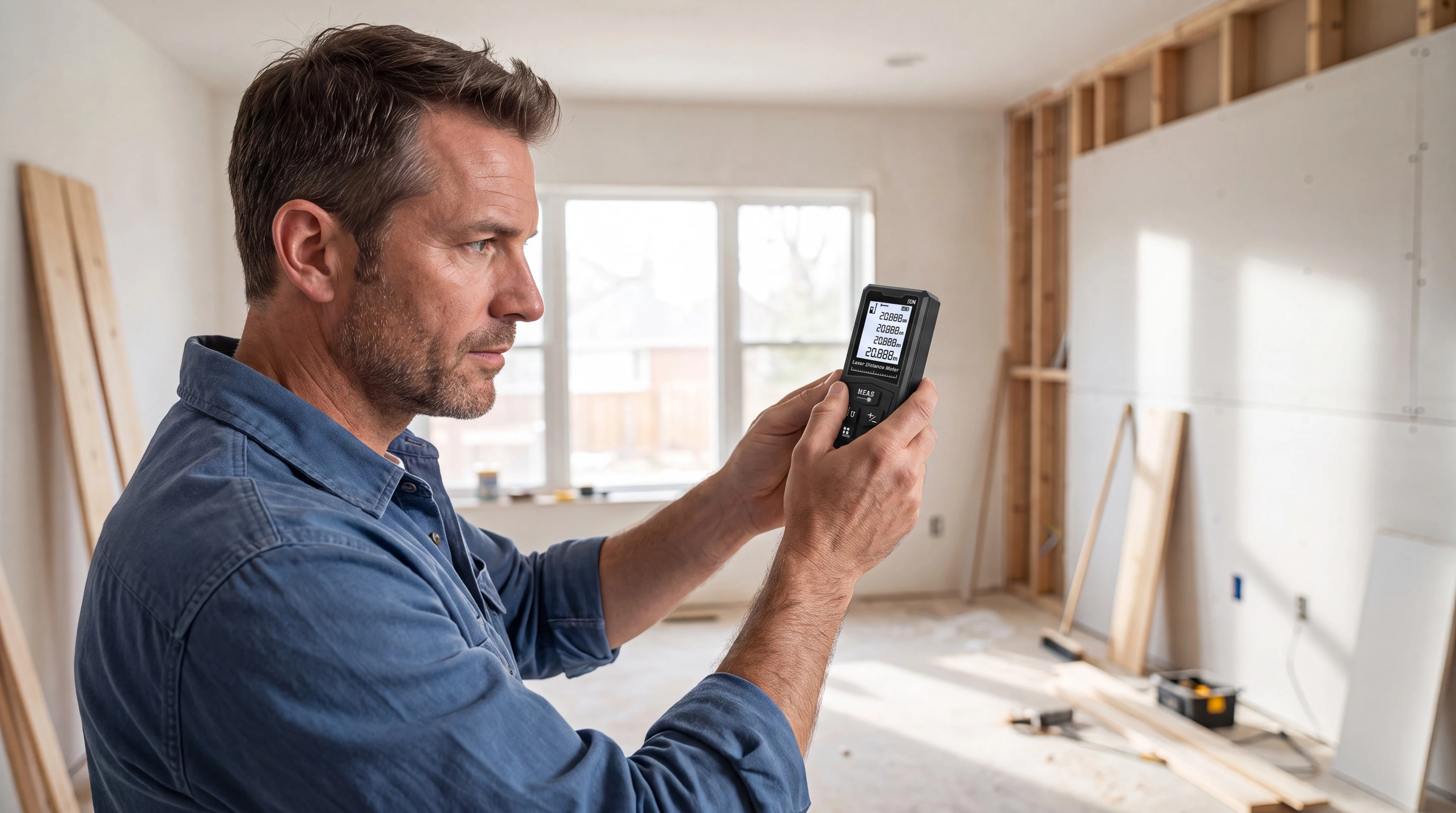 The Optibolt handheld laser distance meter with its large backlit display