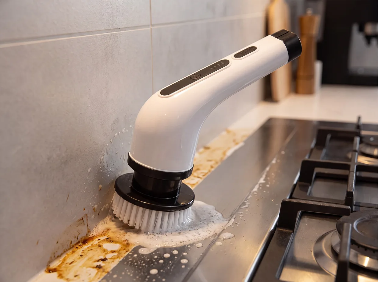 ScrubBlitz lifting greasy residue off a kitchen splashback and hob edge