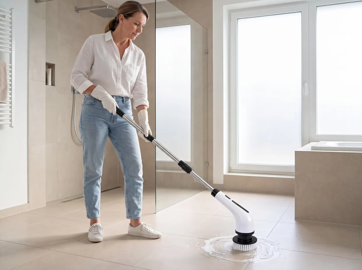 Cleaning the bathroom floor upright with the ScrubBlitz extension pole — no kneeling