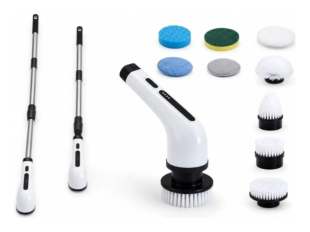 The complete ScrubBlitz kit with seven brush heads and extension poles