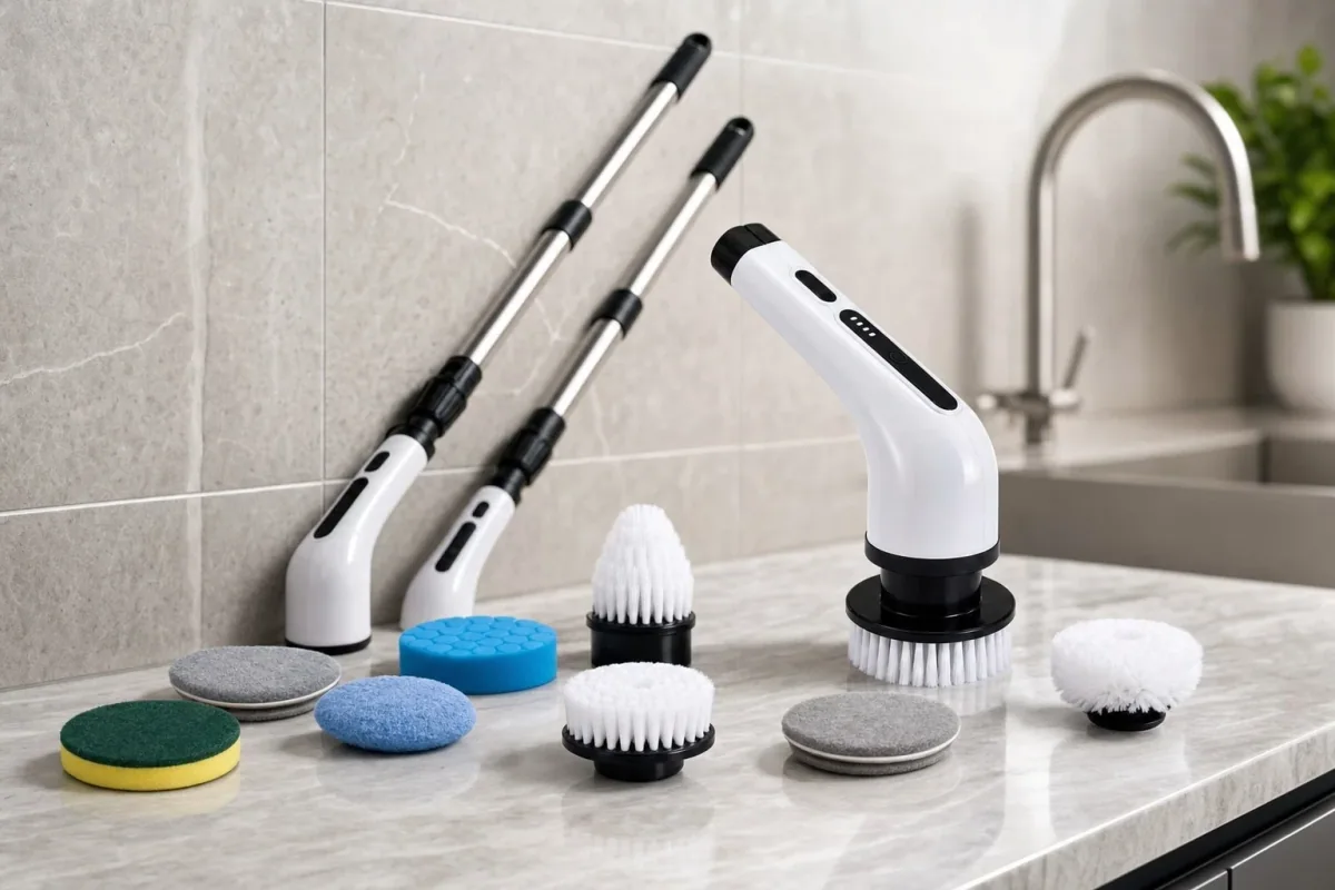 ScrubBlitz with its brush heads and extension poles on a kitchen counter
