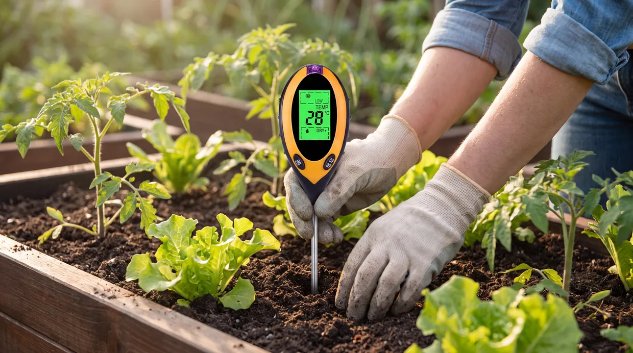 Inserting the SoilSentry probe into a raised vegetable bed to check the soil before watering