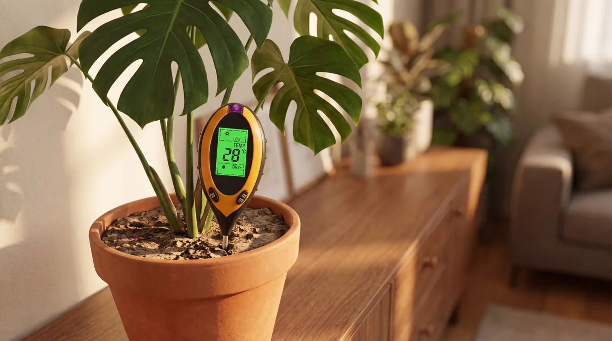 SoilSentry checking moisture at the roots of a potted monstera with a dry, crusted soil surface