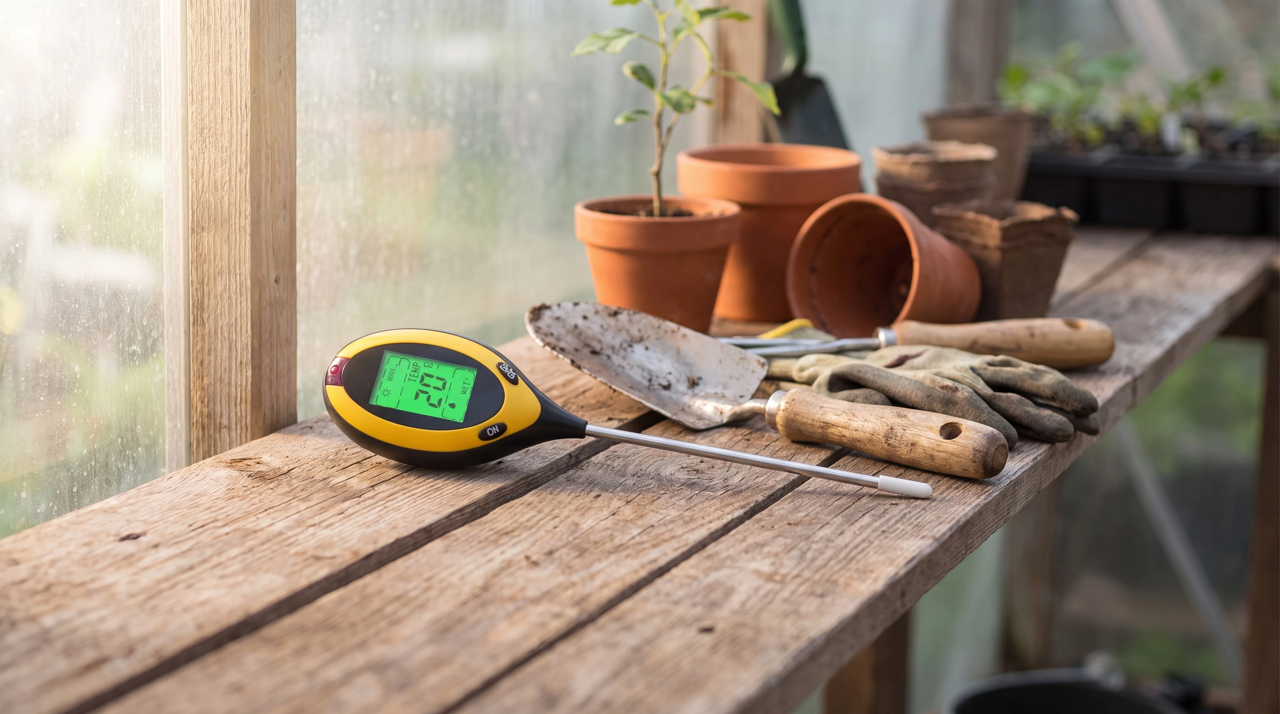SoilSentry in a garden trug on a greenhouse bench — one reusable tool, no refills or test strips