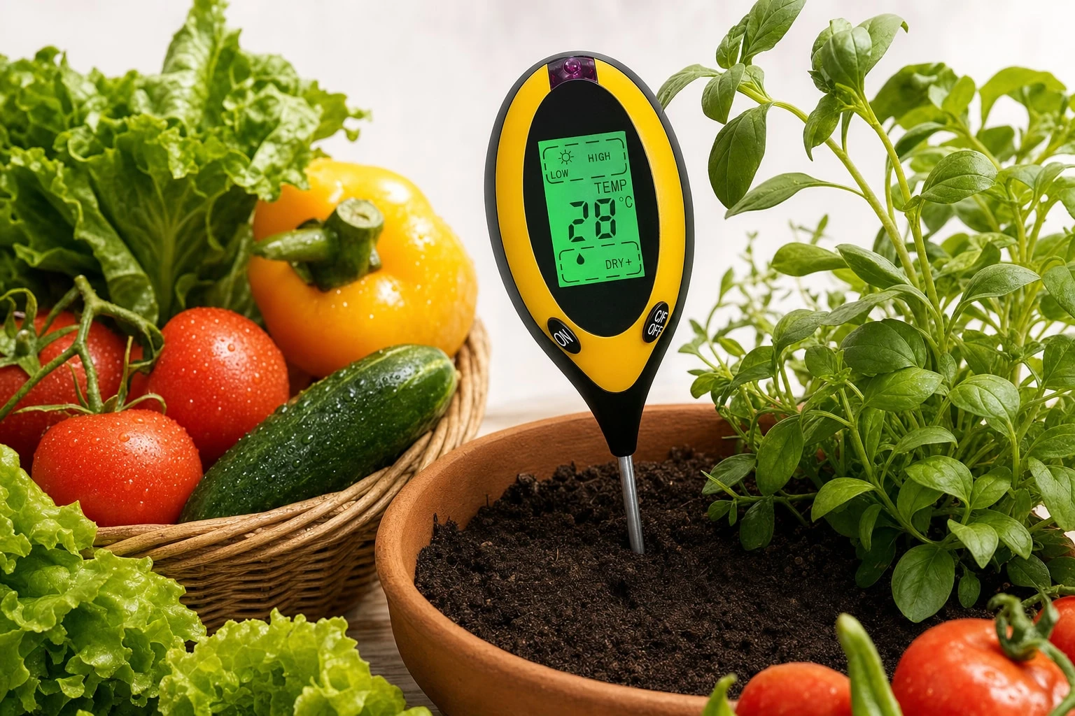 The SoilSentry 4-in-1 soil tester with its backlit readout showing temperature, moisture and light