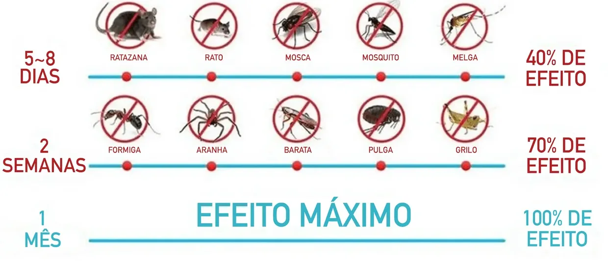 Cronograma de eficácia do SonicStop contra roedores e insetos: 5 a 8 dias, 2 semanas, 1 mês