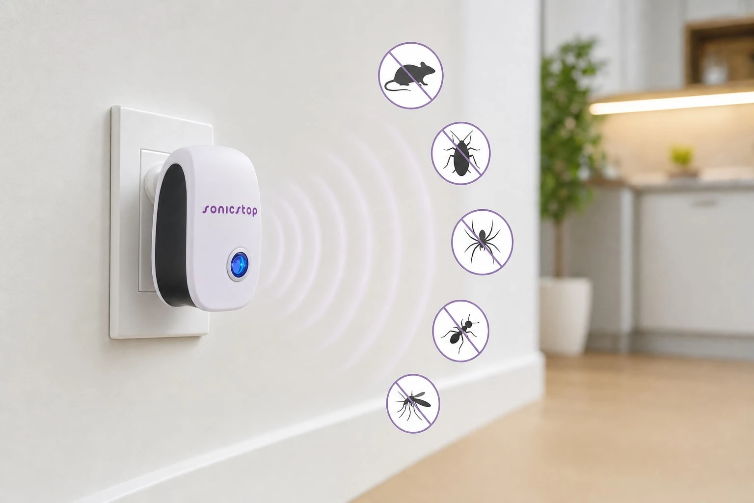 SonicStop unit emitting ultrasonic waves, with crossed-out icons of spiders, flies, mosquitoes, ants, mice and cockroaches