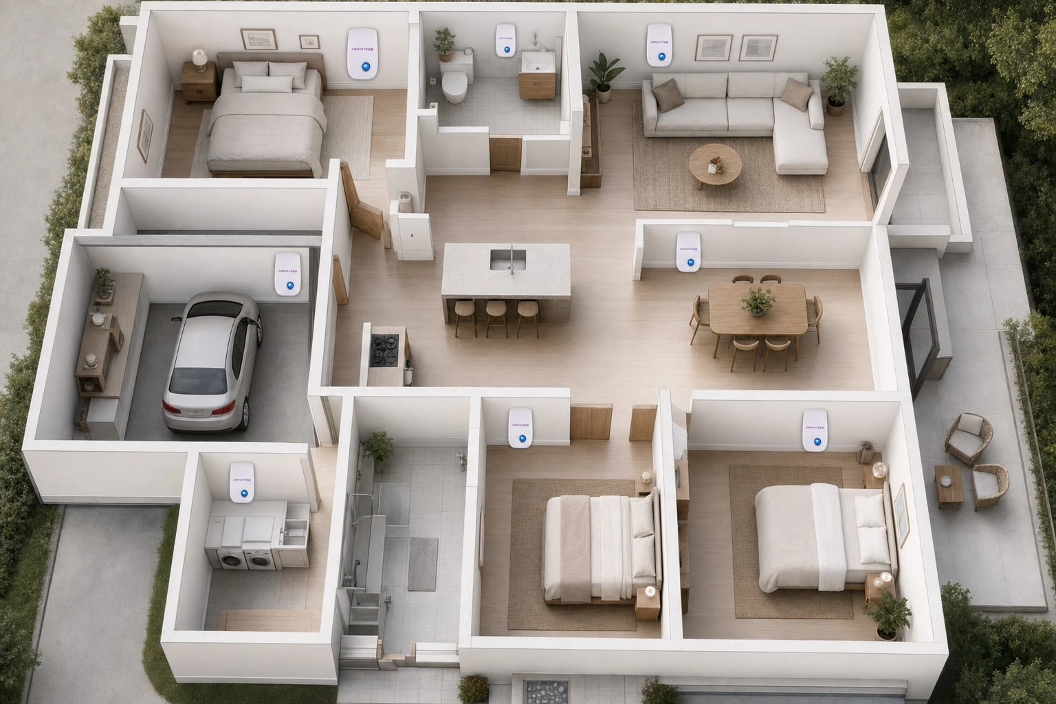Floor plan showing one SonicStop unit plugged in per room